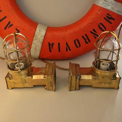 Pair of 90 degree Curved Salavged Brass Japanese Ship Hanging P Light