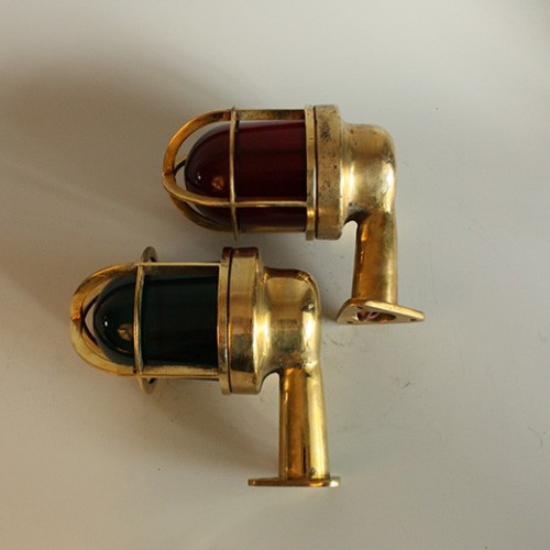 Vintage Nautical Pair of 90 Degree Curved Red and Green Navigational Lights
