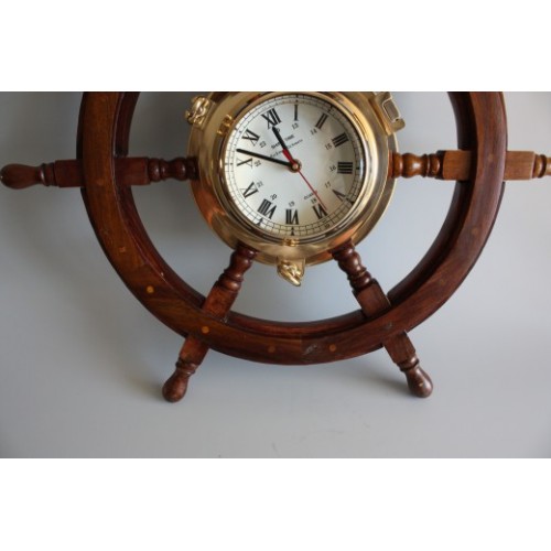 Vintage Wooden & Brass Ships Wheel wall Clock