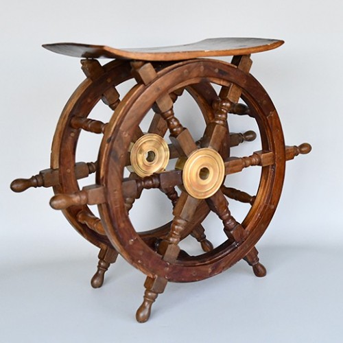 Retro Ship Wheels Table With Wood & Brass 