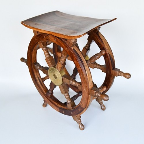 Retro Ship Wheels Table With Wood & Brass 