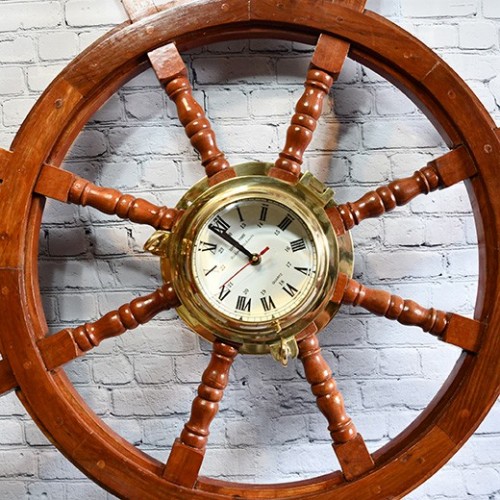 Nautical Wooden & Brass Ship Wheel Clock 