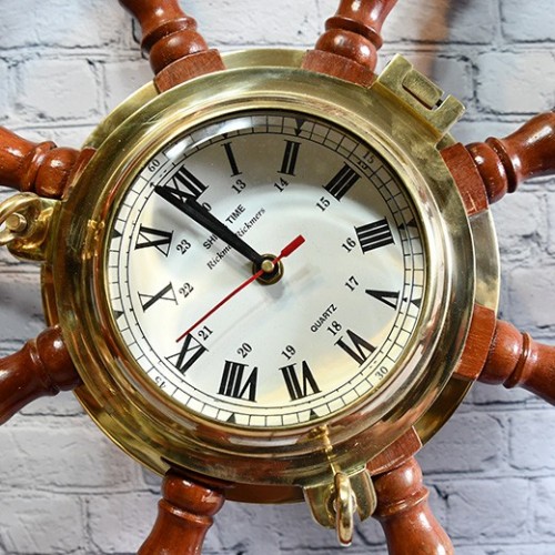 Nautical Wooden & Brass Ship Wheel Clock 