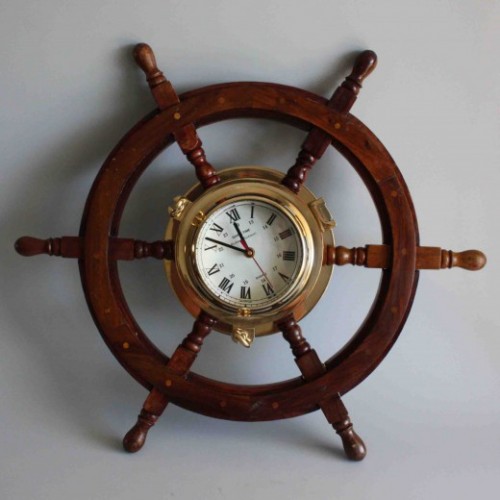 Vintage Wooden & Brass Ships Wheel wall Clock