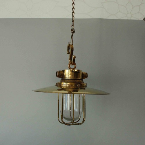 Brass Hanging Light With Copper - Deflector Cap