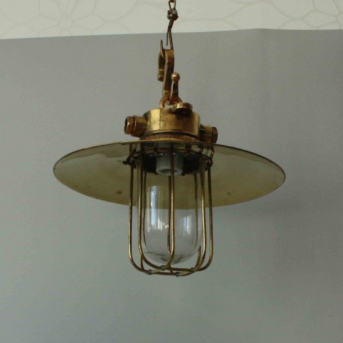 Brass Hanging Light With Copper - Deflector Cap